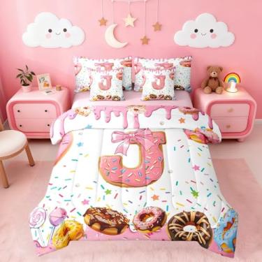 Imagem de Conjunto de edredom com laço rosa para meninas, Queen, com alfabeto personalizado, conjunto de cama infantil, fofo, sonho, doces, doces, 7 peças, borboleta, nó de princesa, monograma, letra J