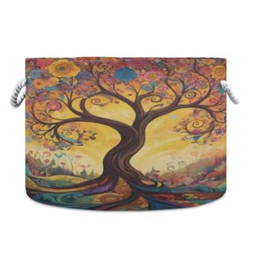 Imagem de JUZIHAI Cesta de armazenamento dobrável de árvore abstrata para bebê, cesto de roupa suja, cobertor com alças de corda de algodão, caixa de brinquedos dobrável, organizador de armário para quarto