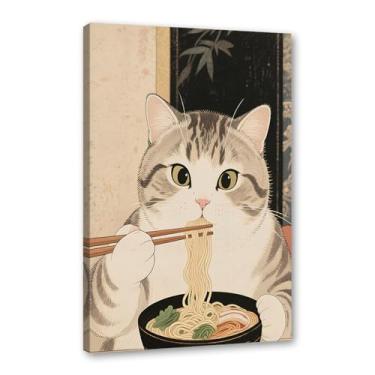 Imagem de Arte de parede em tela de gato preto engraçado vintage japonês gato comendo ramen imagem única amante de gatos para decoração de parede de cozinha e sala de jantar (SKU5,12 x 40,6 cm = (30 x 40 cm