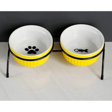 Imagem de Comedouro Duplo Elevado para Cães e Gatos – Tigelas de Cerâmica 3ml | Suporte Anti-Derrapante(Amarelo)