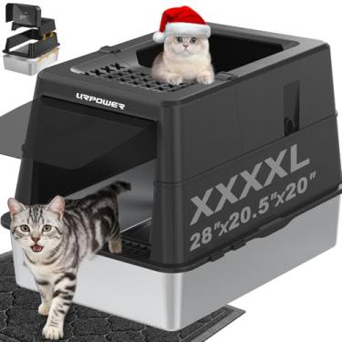 Imagem de XXXXL Caixa de areia para gatos de aço inoxidável com tampa Caixa de areia fechada extra grande de 110° Frigideira de metal não pegajosa com face alta e colher, entrada frontal e superior