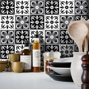 Imagem de Adesivo Destacável Azulejo para Cozinha Tortosa Preto e Branco - TaCol