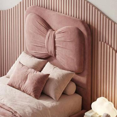 Imagem de Cabeceira Estofada Cama Box Solteiro Infantil Juvenil Laço 90cm Orgânica Bouclê Rosê -...