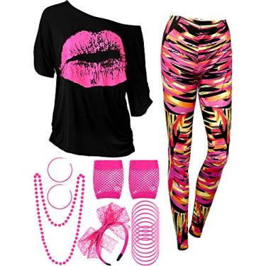 Imagem de Conjunto de fantasia feminina anos 80, camiseta, calça legging geométrica, brinco, colar, luvas, pulseira, Linha geométrica de manga curta, 3G