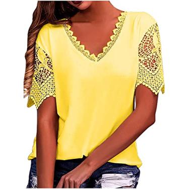 Imagem de Camisetas femininas de manga curta para mulheres, renda, gola V, recorte ilhós, verão, outono, 2024, A-451 amarelo mostarda, 5X-Large