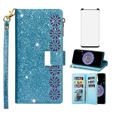 Imagem de Asuwish Capa de celular para Samsung Galaxy S9 Plus com protetor de tela de vidro temperado e alça de pulso com glitter, zíper, compartimento para cartão de crédito, compartimento para celular S9+ 9S