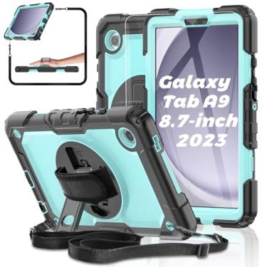 Imagem de Capa para tablet Samsung Galaxy Tab A9 22.1 cm 2023 [com película de vidro temperado], capa BASE MALL à prova de choque, suporte giratório/S caneta/alça de ombro e mão para A9 8.7 (azul celeste)