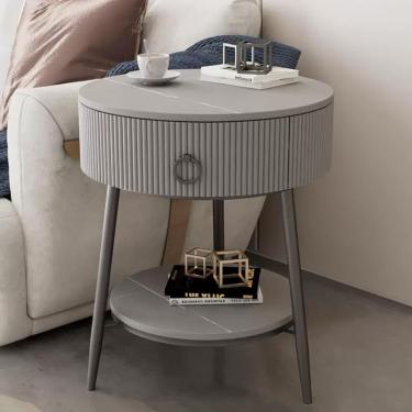 Imagem de Mesa lateral redonda, mesa de cabeceira, sofá com gaveta e prateleira aberta, mesas de cabeceira com estrutura de metal para sala de estar/quarto/espaço pequeno, cinza claro, pés pretos