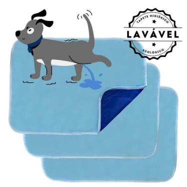 Imagem de Kit com 3 Tapetinhos Alta Absorção para Pets 70x50 Azul 200 Lavagens P