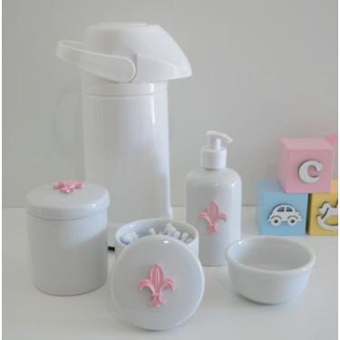 Imagem de kit Higiene Bebê Potes K021 Cotonete Flor Rosa Algodão Limpeza Porcela