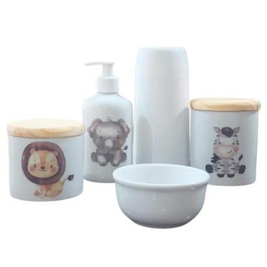 Imagem de Kit higiene bebê safari 5 Pçs - Potes, porta álcool e molhadeira porce