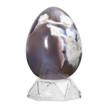 Imagem de Rockcloud Esfera de ovo de pedra de ágata orca natural com suporte de acrílico Estatueta de esfera de cristal Reiki polido para bênção de Páscoa e decoração de casa, 3 a 400 g