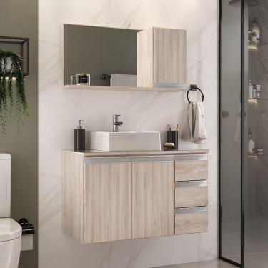 Imagem de Conjunto Gabinete Banheiro Prisma 80cm Gabinete + Cuba + Espelheira Com Vidro Madeirado Inteiro