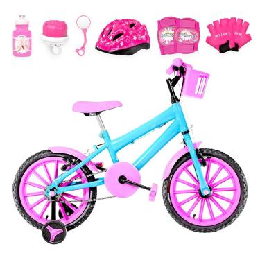 Imagem de Bicicleta Aro 16 Nylon + Kit Proteção Azul Claro E Rosa