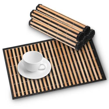 Imagem de Jogo americano conjunto de 6, conjunto de tapetes de mesa de bambu com padrão de folha, jogo americano de tecido de 45 x 30 cm, tapetes laváveis resistentes ao calor para cozinha, folha preta