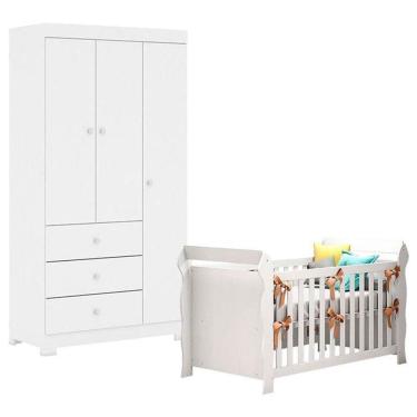 Imagem de Berço Americano Lara Com Guarda Roupa Duda 3 Portas Branco Brilho – Phoenix Baby