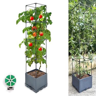 Imagem de Sumloty Caixa de plantador de jardim elevada, 1 pacote com 1 plantador de tomate autoirrigável de 142 cm com treliça para escalar vegetais, plantas, uva, flores de frutas, uso para ambientes internos