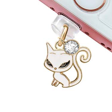 Imagem de ELISE & FONDA CP233 porta de carregamento USB antipoeira plugue fofo gato gatinho pingente de telefone para iPhone 11/ XS MAX/XR/X/8 Plus/7/6S/8/SE iPad iPod (branco)