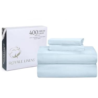 Imagem de ROYALE LINENS Jogo de lençol 400 fios 100% algodão cultivado americano 4 peças de cetim King - 1 lençol de cima, 2 fronhas - jogo de cama azul - lençóis de algodão refrescante - King, azul caribenho