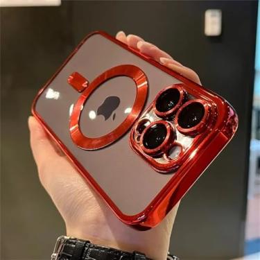 Imagem de Protetor de lente carregador sem fio chapeamento caso claro para iphone 15 14 13 12 11 pro max capa de silicone magnético macio, vermelho, para iphone 11