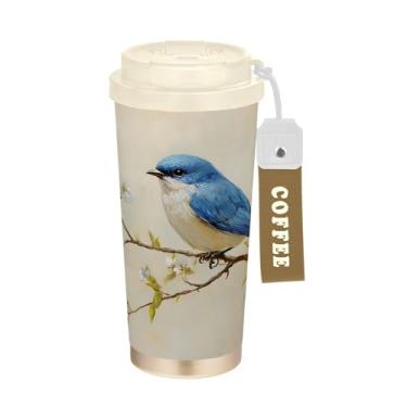 Imagem de SEHANY Caneca de viagem de pássaro colorida de 482 g Copos de café reutilizáveis revestidos de cerâmica com tampa à prova de vazamento, parede dupla, copo de café de aço inoxidável isolado a vácuo
