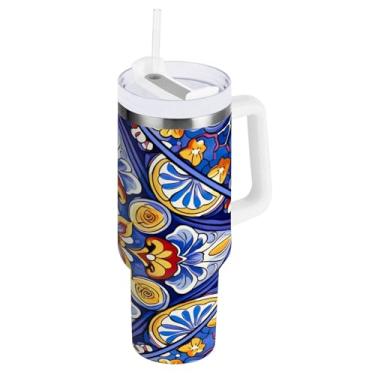 Imagem de Blueangle Copo isolado de 1,134 g com alça e tampa de canudo - Caneca de viagem de aço inoxidável à prova de vazamento, garrafa de água de cerâmica mexicana a vácuo de parede dupla (605)