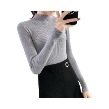 Imagem de Suéter Feminino De Tricô Slim Fit Gola Alta Vintage Liso Coreano Casua