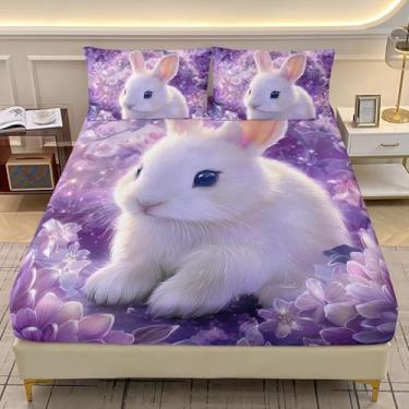 Imagem de AILONEN Jogo de lençol solteiro de coelho, coelhinho fofo, animal branco, vida selvagem, 3 peças, roxo, floral, sonhador, lençol com elástico e 2 fronhas