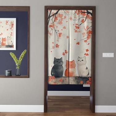 Imagem de ChangTsing Cortina de porta longa estilo japonês Noren 85 x 150 cm algodão e linho cortina japonesa Noren divisória de porta gato fofo - 4 para cozinha, quarto, banheiro