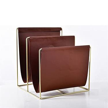 Imagem de Elegante porta-revistas de metal e couro - suporte de estilo europeu para livros, jornais e arquivos - organizador de arquivos portátil para escritório, sala de estar, banheiro e armazenamento de