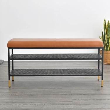 Imagem de Banco de sapato marrom com almofada | Sapateira e armazenamento de metal de 2 camadas | Banco de entrada para espaços pequenos, corredor e porta da frente | 100 cm de comprimento