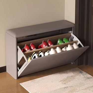 Imagem de Banco de sapateira de entrada estreita com almofada e porta, organizador de armazenamento de sapatos elegante para corredor, sala de estar e entrada - design que economiza espaço, móveis domésticos