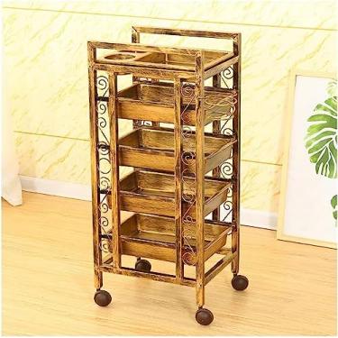 Imagem de Carrinho de rodinhas vintage para salão de beleza - Rack de armazenamento multifuncional de 3 camadas, tubos de aço espesso, tinta ecológica, prateleiras para secador de cabelo, acabamento dourado