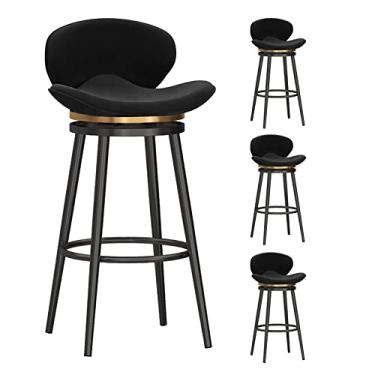 Imagem de Conjunto de 4 banquetas giratórias de 360 graus, cadeiras de bar de veludo com altura de bar com pernas de metal preto e apoio para os pés, cadeiras modernas de bar com encosto baixo para cozinha, pub