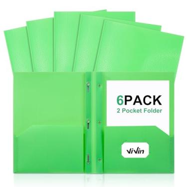 Imagem de ViVin Pasta de plástico resistente com bolsos, pacote com 6, pastas resistentes de dois bolsos com 3 pinos, comporta papel tamanho carta, pastas de arquivo com slot para cartão de visita para escola