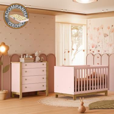 Imagem de Quarto de Bebê com Berço 4315 Slim e Cômoda 5135 Flora Rosa Qmovi + Colchão Gazin