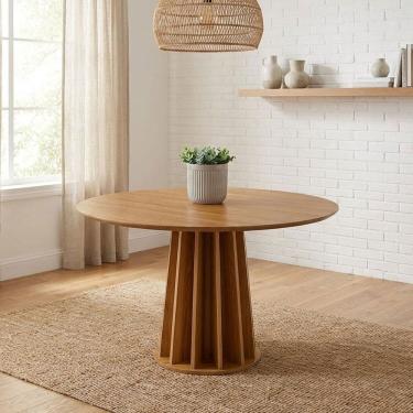 Imagem de Mesa de Jantar Redonda 4 Lugares 105cm X 105cm com Tampo Chanfrado e Base Ripada em Mdf Freijó