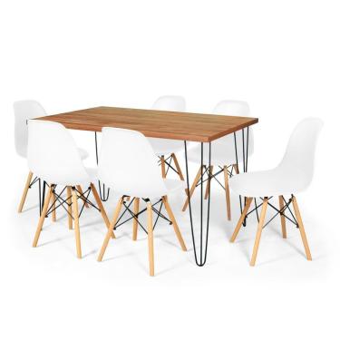 Imagem de Conjunto Mesa De Jantar Hairpin 130x80 Natural Com 6 Cadeiras Eames Eiffel - Branco