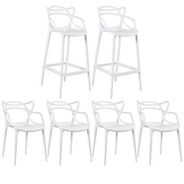 Imagem de Loft7, Kit 4x Cadeiras + 2x Banquetas Altas Masters Allegra, Polipropileno, Área Gourmet, Sala de Estar, Jantar, Cozinha e Comercial - Branco