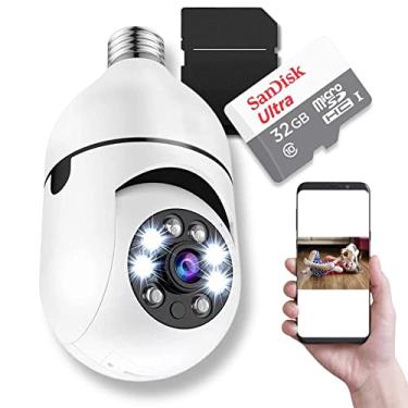 Imagem de Câmera de Segurança Ip 360 Lâmpada Wifi Com Cartão de Memória 32gb, Infravermelho, Panorâmica, Giratória, 1080P, Visão Noturna, Pet, MicroSD