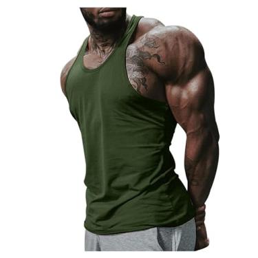 Imagem de Camiseta regata masculina, gola redonda, cor sólida, costas estilo nadador e caimento justo, sem mangas, Verde militar, XXG