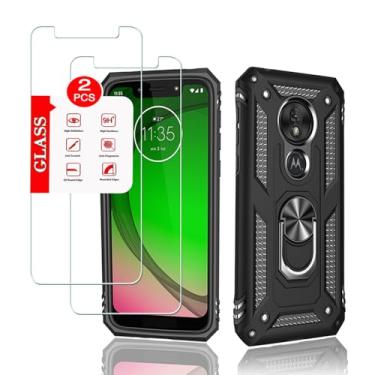 Imagem de Capa para Motorola Moto G7 Play com [2 unidades] protetor de tela de vidro, capa protetora resistente à prova de choque para Moto G7 Play [grau militar], com suporte de anel magnético (preta)
