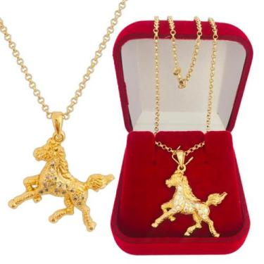 Imagem de Colar Feminino Pingente Cavalo Peão Zircônias Banhado a Ouro 18k - Din