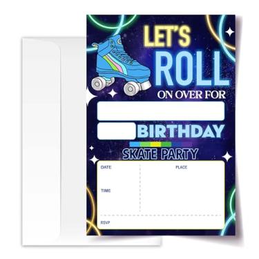 Imagem de Cartões de convite de aniversário de patinação com envelopes pacote de 20 (10 x 15 cm), convites de festa para meninos, meninas, crianças, adolescentes, "Let's Roll On Over", decoração e suprimentos