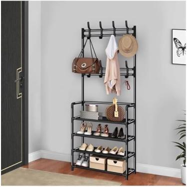 Imagem de Prateleira Rack Organizador Multiuso Roupas Acessórios Boné Chapéu Gancho Cabideiro Compacto Arara Sapateira Premium Quarto Sala Preto