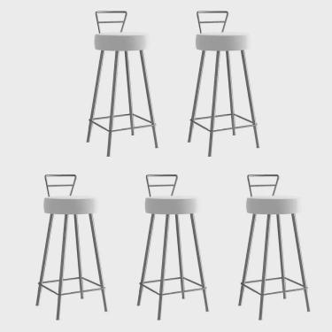 Imagem de Kit 05 Banqueta Alta Com Encosto Tina Eiffel Cozinha Bar Bistrô Ferro Cinza Sintético Branco - Ahz Móveis