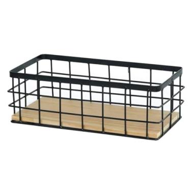 Imagem de Cestas de armazenamento de arame com base de madeira, retangular, cesta de metal para pendurar na parede, cor minimalista, cestas resistentes para cozinha, banheiro, cestas de armazenamento de arame