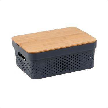 Imagem de Caixa Organizadora Poá Com Tampa De Bambu Oikos Multiuso Cinza