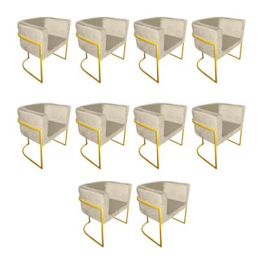 Imagem de Kit 10 Poltronas Decorativa Sala De Estar Base De Ferro Dourada Veludo Bege