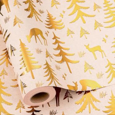 Imagem de Yarcony Papel de embrulho de Natal Kraft, papel de embrulho de presente marfim, árvore de Natal de folha dourada reciclável, rolos de papel de embrulho com tema de veado para férias, festas (mini rolo